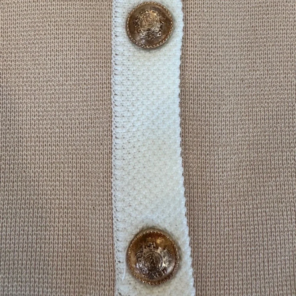 Hobemty Womens Tan White Contrast Knit Cardigan Sweater Gold Button Jacket L
